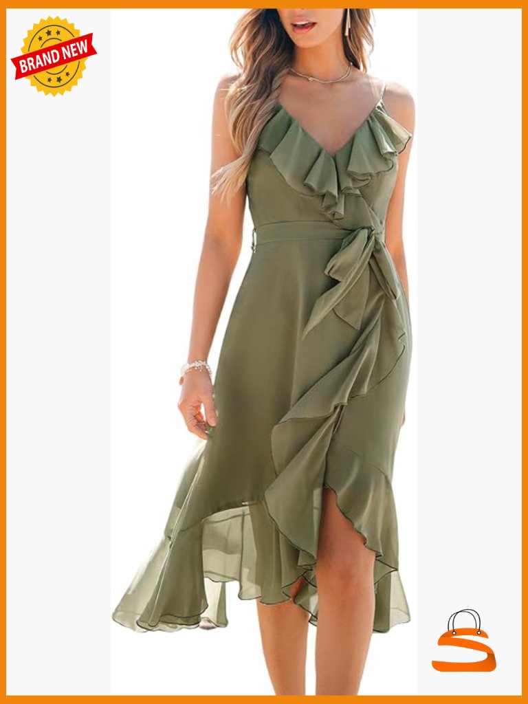 Sleeveless Ruffle Midi Dress Spaghetti Straps Chiffon A-Line